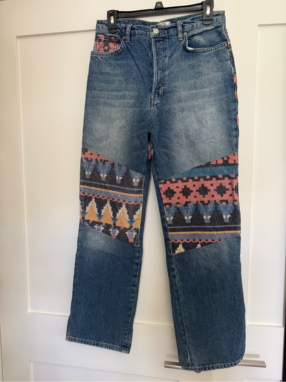 Patchwork Patterned Straight-Leg Jeans - Blue with Multicolor Tribal Panels